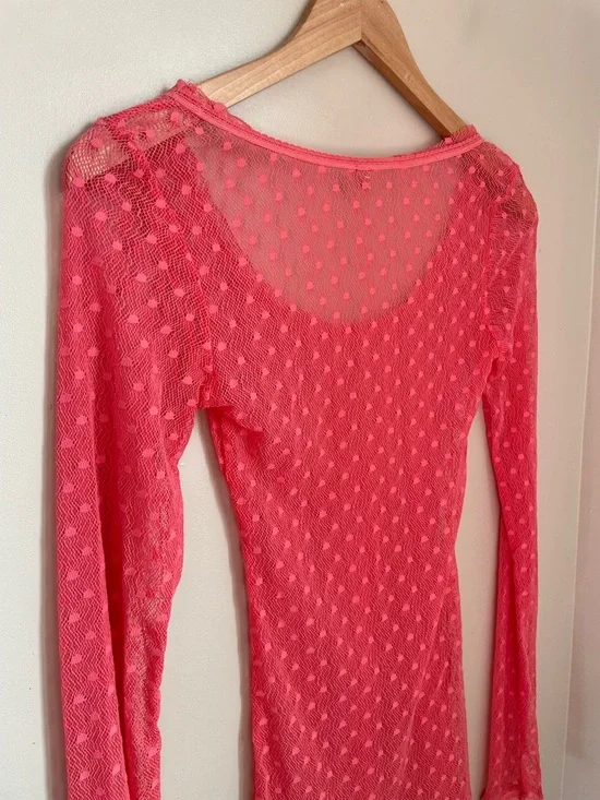 Free People Sheer Pink Polka Dot Lace Long Sleeve Top Size XS Boho Y2K indie - Picture 10 of 11